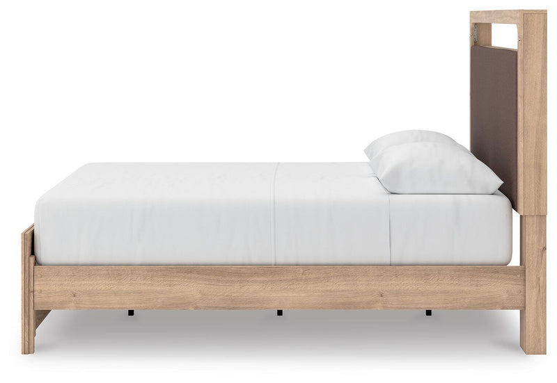 Kinlanni Queen Upholstered Platform Bed, Dresser, Mirror and Nightstand in Tan - PKG023894