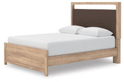 Kinlanni Queen Upholstered Platform Bed, Dresser, Mirror and Nightstand in Tan - PKG023894