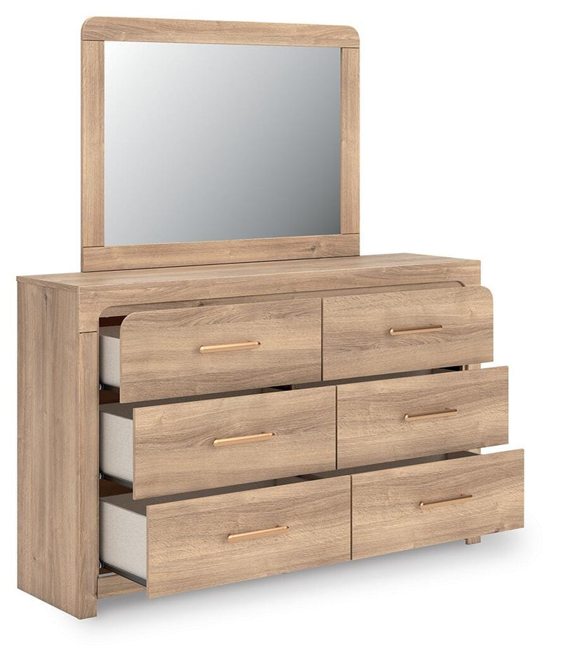 Kinlanni Queen Upholstered Platform Bed, Dresser, Mirror and Nightstand in Tan - PKG023894