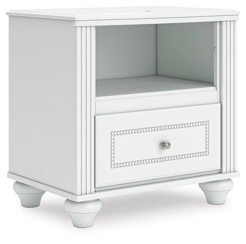 Kozlani Full Upholstered Panel Bed, Dresser, Mirror and Nightstand in White - PKG023802