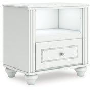 Kozlani Full Upholstered Panel Bed, Dresser, Mirror and Nightstand in White - PKG023802