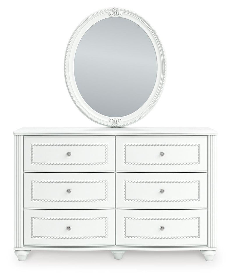 Kozlani Full Upholstered Panel Bed, Dresser, Mirror and Nightstand in White - PKG023802