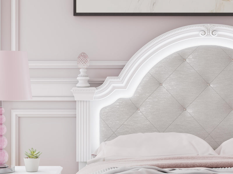 Kozlani Full Upholstered Panel Bed, Dresser, Mirror and Nightstand in White - PKG023802