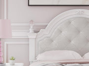 Kozlani Full Upholstered Panel Bed, Dresser, Mirror and Nightstand in White - PKG023802