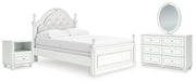 Kozlani Full Upholstered Panel Bed, Dresser, Mirror and Nightstand in White - PKG023802