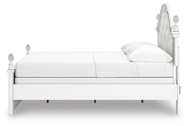 Kozlani Full Upholstered Panel Bed, Dresser, Mirror and Nightstand in White - PKG023802