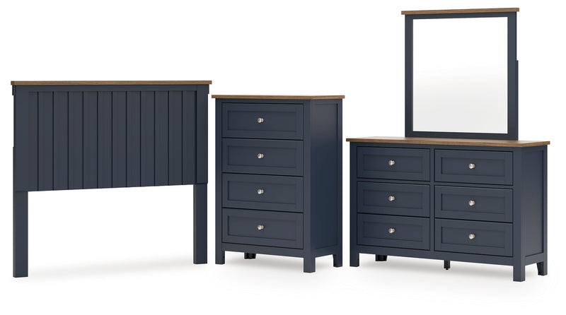 Landocken Full Panel Headboard with Mirrored Dresser and Chest in Brown/Blue from Ashley - Lara Furniture