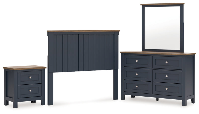 Landocken Full Panel Headboard with Mirrored Dresser and Nightstand in Brown/Blue from Ashley - Lara Furniture