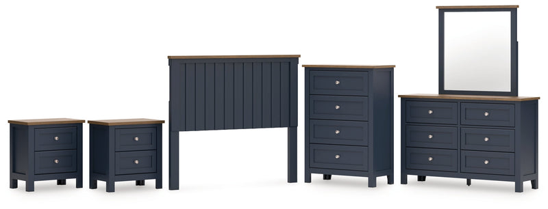 Landocken Full Panel Headboard with Mirrored Dresser, Chest and 2 Nightstands in Brown/Blue from Ashley - Lara Furniture