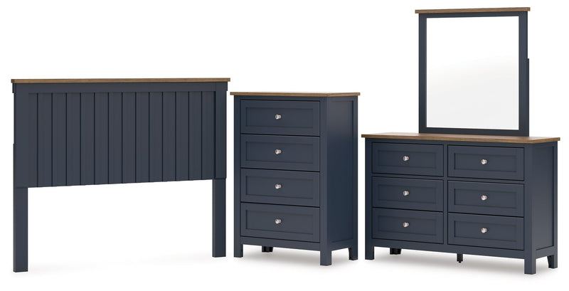 Landocken Queen Panel Headboard with Mirrored Dresser and Chest in Brown/Blue from Ashley - Lara Furniture