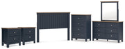 Landocken Queen Panel Headboard with Mirrored Dresser, Chest and 2 Nightstands in Brown/Blue from Ashley - Lara Furniture