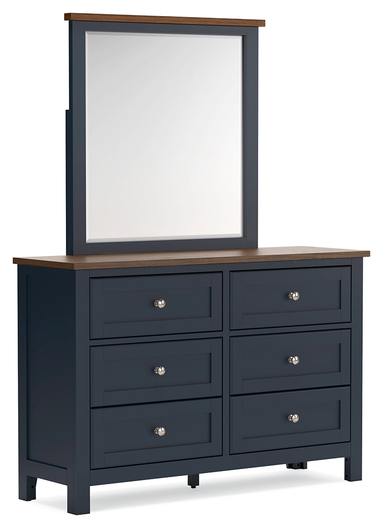 Landocken Queen Panel Headboard with Mirrored Dresser, Chest and Nightstand in Brown/Blue from Ashley - Lara Furniture