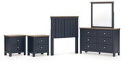 Landocken Twin Panel Headboard with Mirrored Dresser and 2 Nightstands in Brown/Blue from Ashley - Lara Furniture