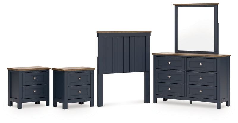 Landocken Twin Panel Headboard with Mirrored Dresser and 2 Nightstands in Brown/Blue from Ashley - Lara Furniture