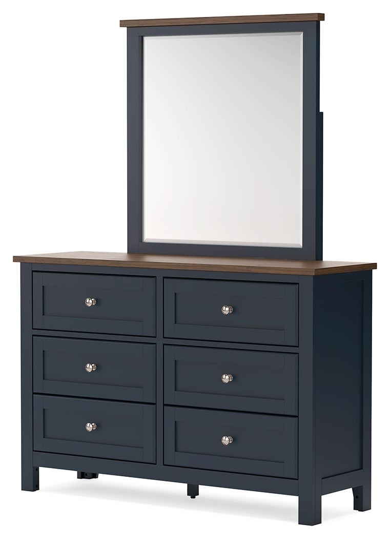 Landocken Twin Panel Headboard with Mirrored Dresser and 2 Nightstands in Brown/Blue from Ashley - Lara Furniture