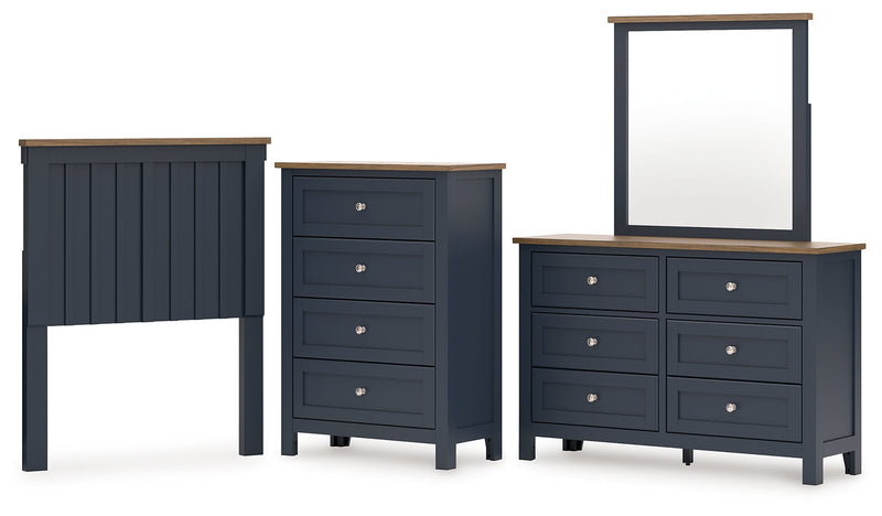 Landocken Twin Panel Headboard with Mirrored Dresser and Chest in Brown/Blue from Ashley - Lara Furniture