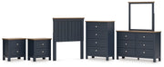 Landocken Twin Panel Headboard with Mirrored Dresser, Chest and 2 Nightstands in Brown/Blue from Ashley - Lara Furniture