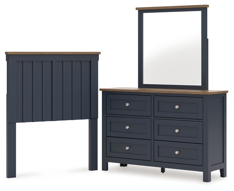 Landocken Twin Panel Headboard with Mirrored Dresser in Brown/Blue from Ashley - Lara Furniture