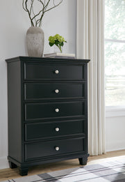 Lanolee Full Panel Bed with Mirrored Dresser, Chest and 2 Nightstands in Black - PKG015213