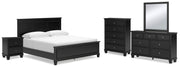 Lanolee King Panel Bed with Mirrored Dresser, Chest and Nightstand in Black - PKG015228