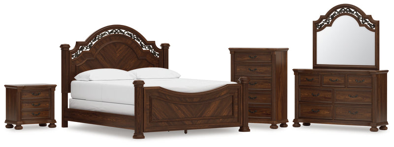Lavinton California King Poster Bed with Mirrored Dresser, Chest and Nightstand in Brown from Ashley - Lara Furniture
