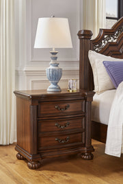 Lavinton California King Poster Bed with Mirrored Dresser, Chest and Nightstand in Brown from Ashley - Lara Furniture