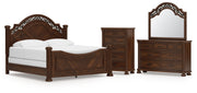 Lavinton King Poster Bed with Mirrored Dresser and Chest in Brown from Ashley - Lara Furniture