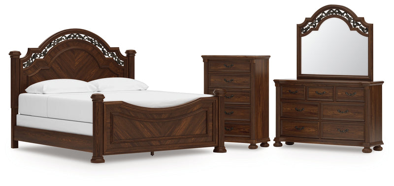 Lavinton King Poster Bed with Mirrored Dresser and Chest in Brown from Ashley - Lara Furniture