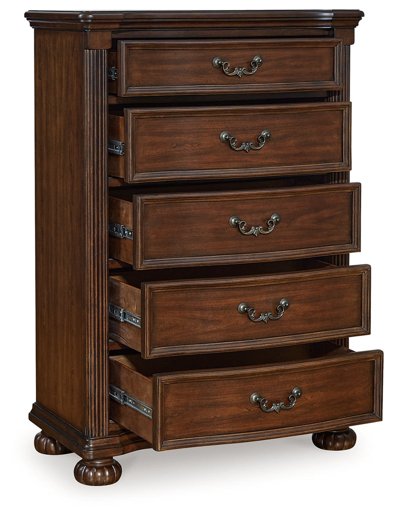 Lavinton King Poster Bed with Mirrored Dresser and Chest in Brown from Ashley - Lara Furniture