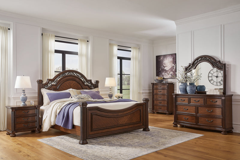 Lavinton King Poster Bed with Mirrored Dresser, Chest and 2 Nightstands in Brown - PKG016867
