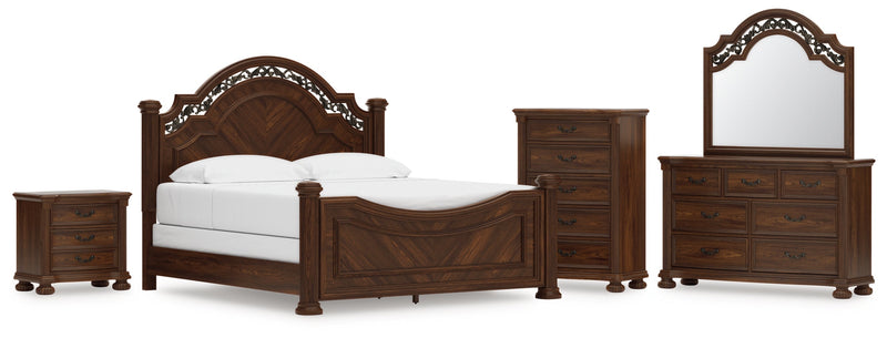 Lavinton King Poster Bed with Mirrored Dresser, Chest and Nightstand in Brown from Ashley - Lara Furniture