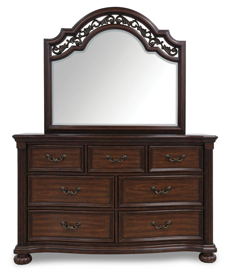 Lavinton Queen Poster Bed with Mirrored Dresser and 2 Nightstands in Brown from Ashley - Lara Furniture