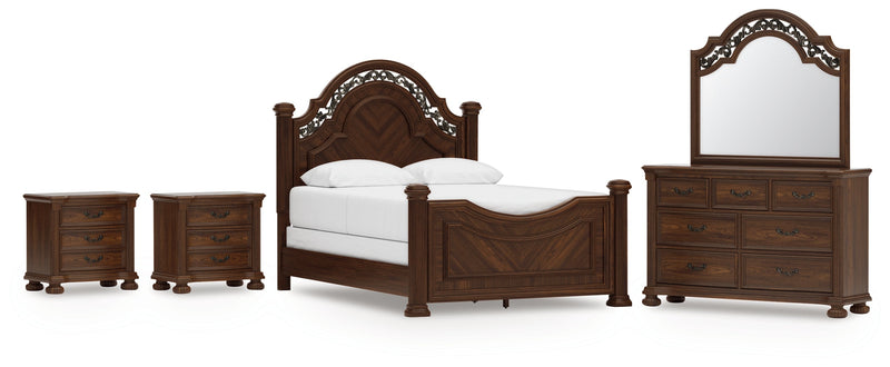 Lavinton Queen Poster Bed with Mirrored Dresser and 2 Nightstands in Brown from Ashley - Lara Furniture