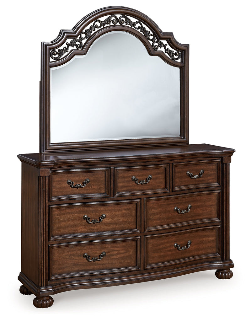 Lavinton Queen Poster Bed with Mirrored Dresser and 2 Nightstands in Brown from Ashley - Lara Furniture
