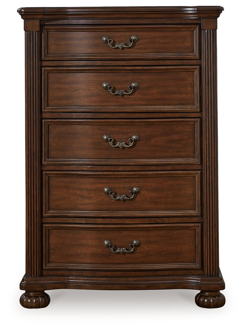Lavinton Queen Poster Bed with Mirrored Dresser and Chest in Brown from Ashley - Lara Furniture
