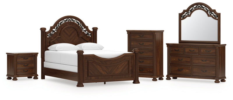 Lavinton Queen Poster Bed with Mirrored Dresser, Chest and Nightstand in Brown from Ashley - Lara Furniture