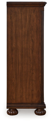 Lavinton Queen Poster Bed with Mirrored Dresser, Chest and Nightstand in Brown from Ashley - Lara Furniture