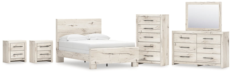 Lawroy Full Panel Bed with Mirrored Dresser, Chest and 2 Nightstands in Light Natural from Ashley - Lara Furniture