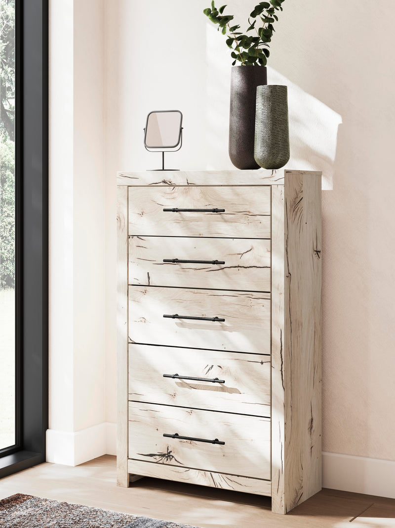 Lawroy Full Panel Storage Bed, Dresser, Mirror, Chest and Nightstand in Light Natural - PKG020235