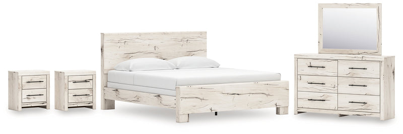 Lawroy King Panel Bed with Mirrored Dresser and 2 Nightstands in Light Natural from Ashley - Lara Furniture