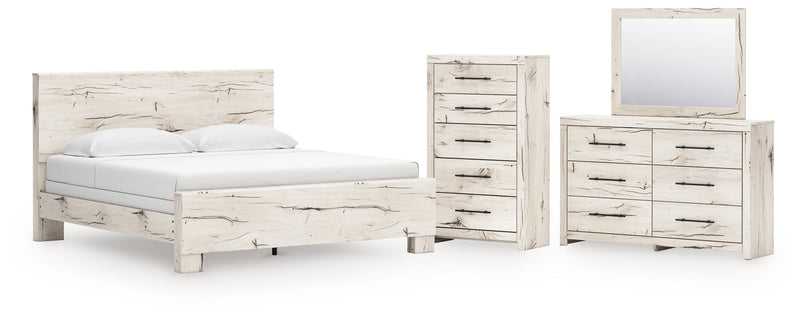 Lawroy King Panel Bed with Mirrored Dresser and Chest in Light Natural from Ashley - Lara Furniture
