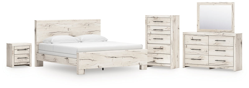Lawroy King Panel Bed with Mirrored Dresser, Chest and Nightstand in Light Natural from Ashley - Lara Furniture