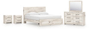 Lawroy King Panel Storage Bed with Mirrored Dresser and 2 Nightstands in Light Natural from Ashley - Lara Furniture