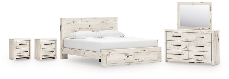 Lawroy King Panel Storage Bed with Mirrored Dresser and 2 Nightstands in Light Natural from Ashley - Lara Furniture