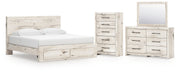 Lawroy King Panel Storage Bed with Mirrored Dresser and Chest in Light Natural from Ashley - Lara Furniture