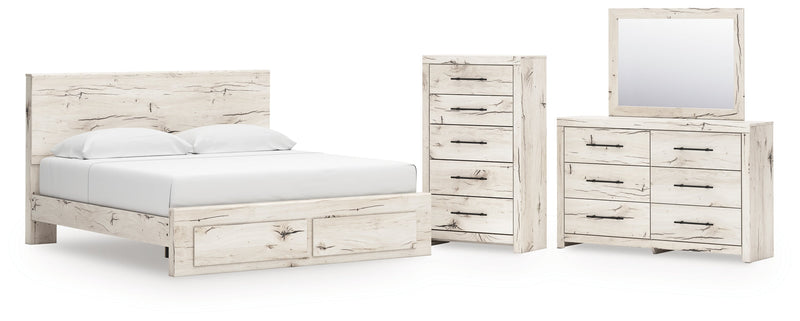 Lawroy King Panel Storage Bed with Mirrored Dresser and Chest in Light Natural from Ashley - Lara Furniture