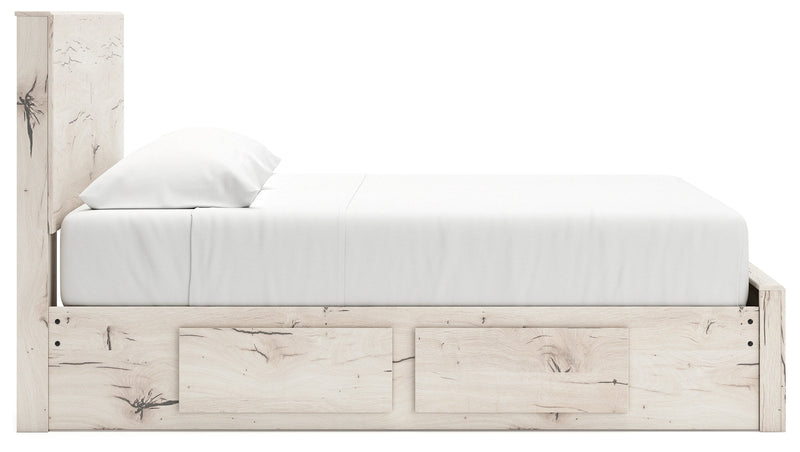 Lawroy King Panel Storage Bed with Mirrored Dresser and Nightstand in Light Natural from Ashley - Lara Furniture