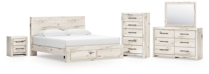 Lawroy King Panel Storage Bed with Mirrored Dresser, Chest and Nightstand in Light Natural from Ashley - Lara Furniture