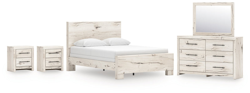 Lawroy Queen Panel Bed with Mirrored Dresser and 2 Nightstands in Light Natural from Ashley - Lara Furniture