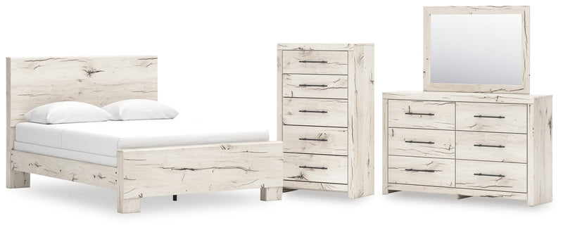 Lawroy Queen Panel Bed with Mirrored Dresser and Chest in Light Natural from Ashley - Lara Furniture